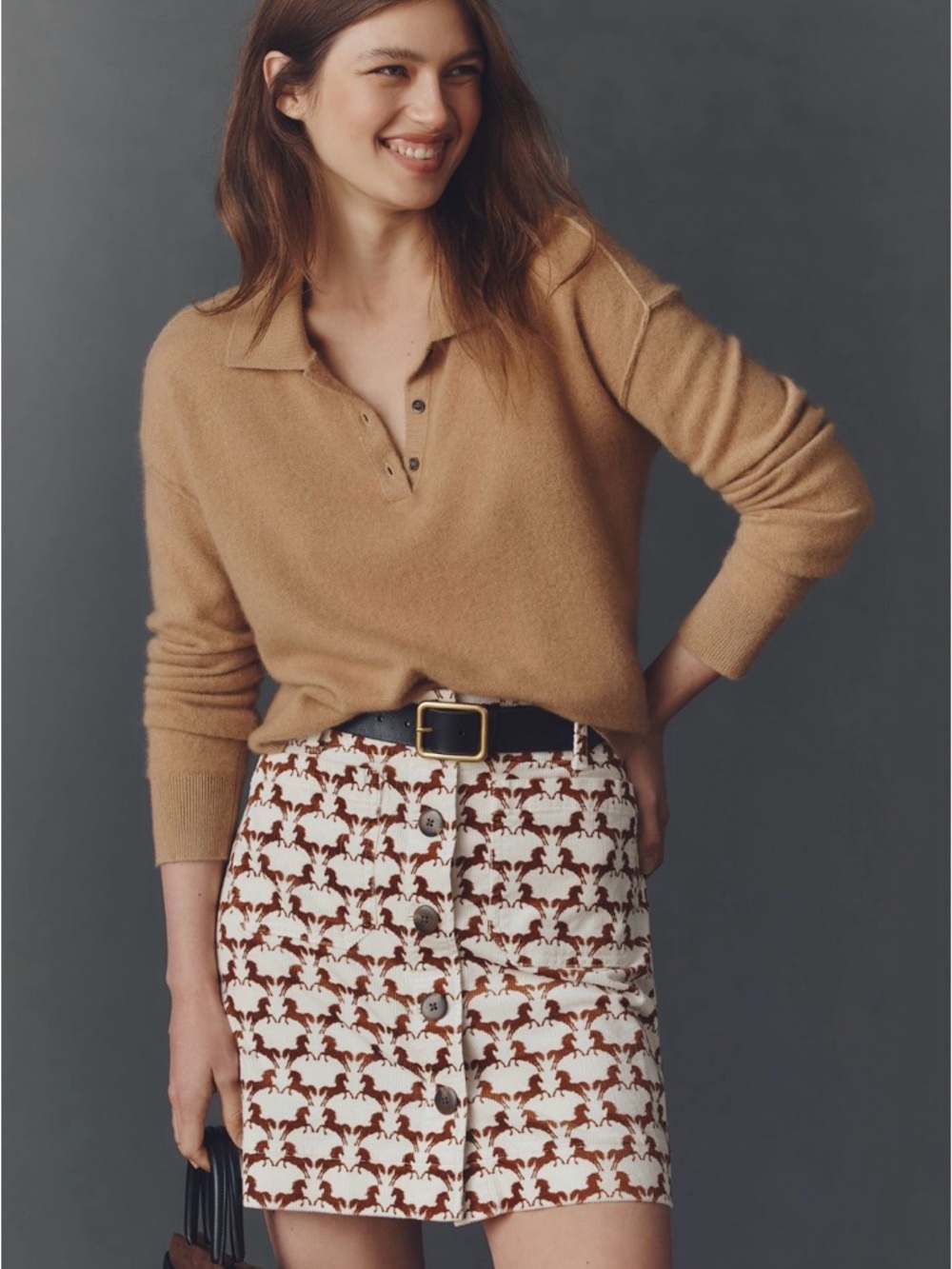 NWT Anthropologie The Colette Corduroy Mini Skirt by Maeve Horses Brown Size XL